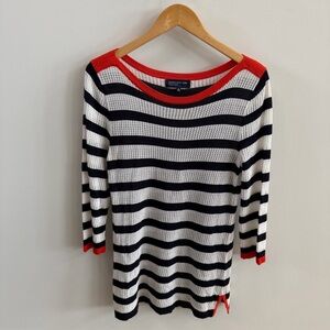 Jones New York Striped Knit Sweater with Orange / Red Accents - size medium.